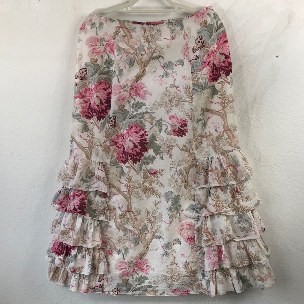 J Jill Size 12 Ruffled Floral Midi Skirt Lined Cottagecore Farmhouse Boho